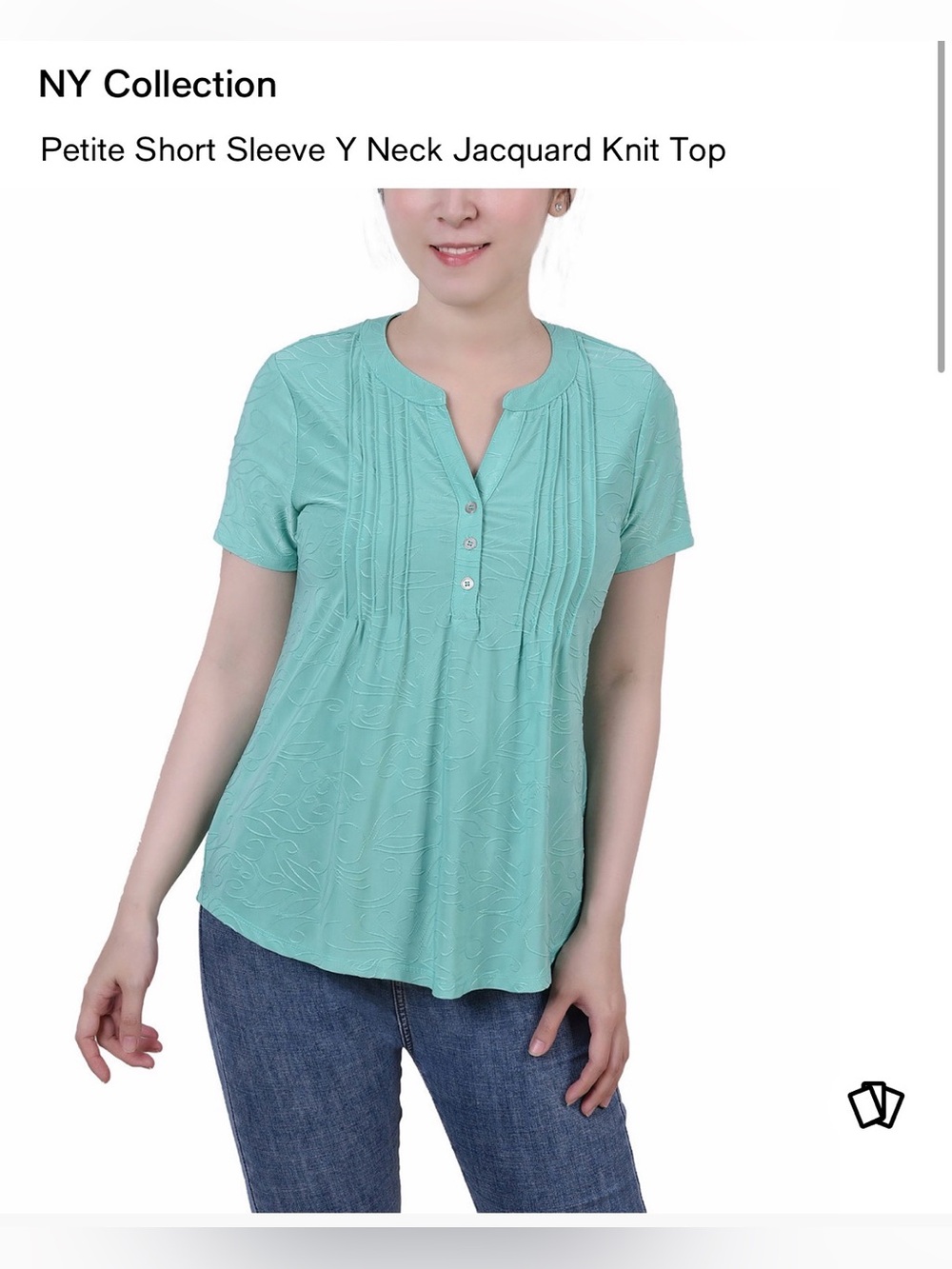 NY Collection Petite Short Sleeve Y Neck Jacquard Knit Top